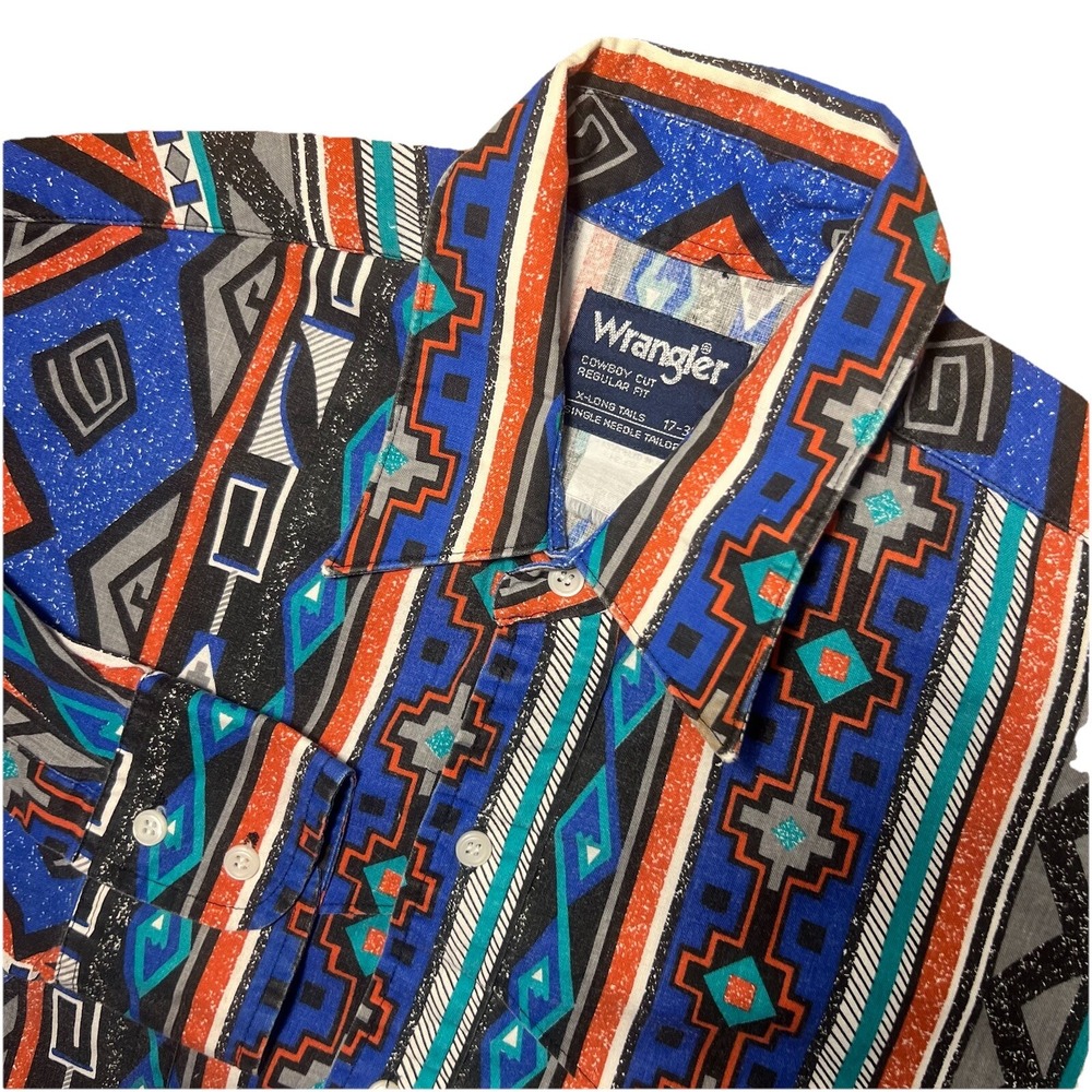 90s Wrangler Brushpopper Shirt Men 17/ 35 Aztec XLong Tails Western Cowboy Shirt
